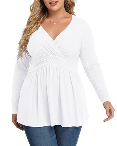 TIANZHU Plus Größe Schwarz Tops für Frauen Wrap Baby Puppe Hemd Langarm Winter Tunika Top Dressy V-Ausschnitt Bluse Empire Taille Low Cut Fließende Schößchen Kleidung, Weiß, 3XL von TIANZHU