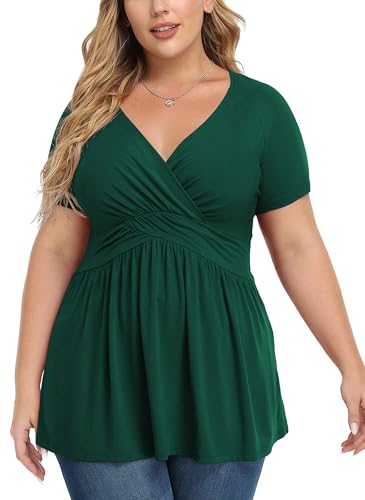 TIANZHU Plus Size Tunika Tops für Frauen Leichte V-Ausschnitt Kurzarm Babypuppen Tops mit Empire Taille Freizeitarbeit Bluse, Dunkelgrün, XXL von TIANZHU