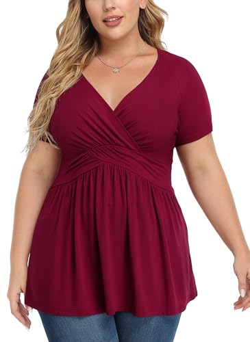 TIANZHU Plus Size Tunika Tops für Frauen Leichte V-Ausschnitt Kurzarm Babypuppen Tops mit Empire Taille Freizeitarbeit Bluse, Weinrot, XL von TIANZHU