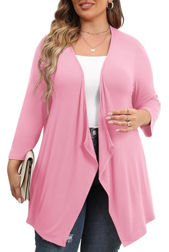 TIANZHU Schiere Strickjacke Leichte offene Drapierung vorne 3/4 Ärmel Elegante Strickjacke in Übergröße Herbstpullover 2X Rosa von TIANZHU