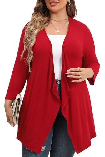 TIANZHU Schiere Strickjacke Leichte offene Drapierung vorne 3/4 Ärmel Elegante Strickjacke in Übergröße Herbstpullover 2X Rot von TIANZHU