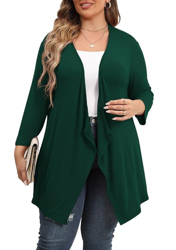 TIANZHU Schiere Strickjacke Leichte offene Drapierung vorne 3/4 Ärmel Elegante Strickjacke in Übergröße Herbstpullover 3X Dunkelgrün von TIANZHU