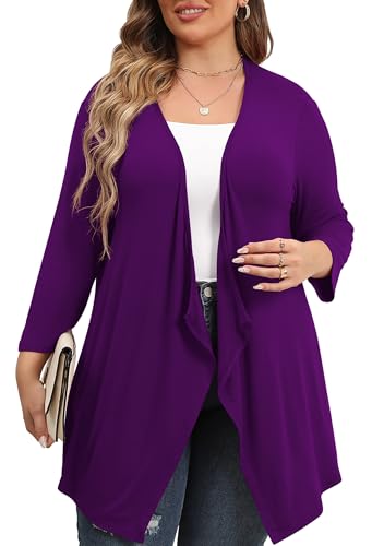 TIANZHU Schiere Strickjacke Leichte offene Drapierung vorne 3/4 Ärmel Elegante Strickjacke in Übergröße Herbstpullover 3X Violett von TIANZHU