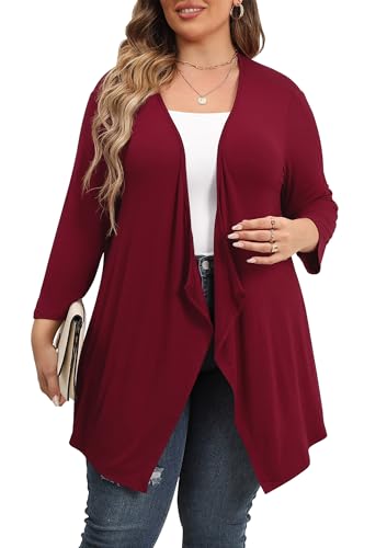 TIANZHU Schiere Strickjacke Leichte offene Drapierung vorne 3/4 Ärmel Elegante Strickjacke in Übergröße Herbstpullover 4X Weinrot von TIANZHU