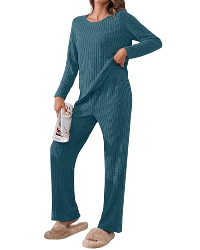 TIANZHU Schlafanzug für Frauen gerippt Nachtwäsche Set Casual Homewear Anzug Langarm Top Wide Leg Pants mit Taschen, Cyan, S von TIANZHU