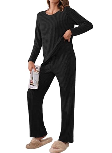 TIANZHU Schlafanzug für Frauen gerippt Nachtwäsche Set Casual Homewear Anzug Langarm Top Wide Leg Pants mit Taschen, Schwarz, XL von TIANZHU