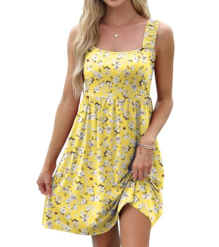TIANZHU Sommerkleider für Damen Ärmelloses A-Linien-Minikleid mit Fließendem Peplum-Detail, Gelbe Blumen, S von TIANZHU