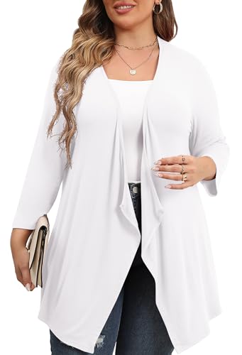TIANZHU Strickjacke Für Frauen Leichte 3/4 Ärmel Sommer Elegant Plus Größe Schiere Strickjacke Offene Front Drapierte Ellbogenärmel Abendtop 4XL Weiß von TIANZHU