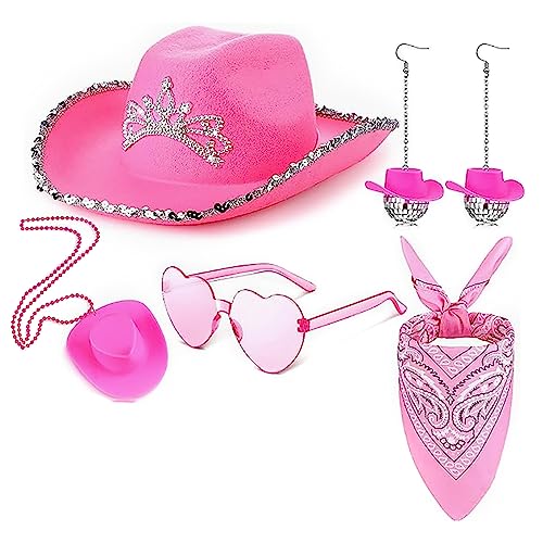 TIAOWU Rosa Cowboyhut, Cowboyhut Disco Dressing Set mit herzförmiger Sonnenbrille Schal Hut Ohrringe, rose, 1 von TIAOWU