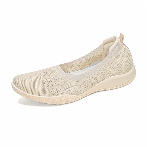 TIAROOTT Damen Ballerina Flache Schuhe Runde Zehe Strick Kleid Schuhe Komfort Mesh Niedriger Keil Slip On Ballerina Walking Flats Schuhe für Frauen Bequem Weich, Beige,Gr.37 von TIAROOTT