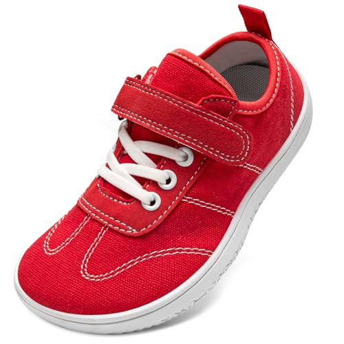 TIAROOTT Kinder Barfußschuhe Breite Atmungsaktiv rutschfest für Jungen Mädchen Leicht Traillaufschuhe Freizeit mit Klettverschluss Minimalistische Sommer Sneaker Komfortable,Rot,Gr.26 von TIAROOTT