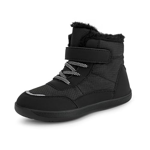 TIAROOTT Kinder Winter Barfußschuhe Warme Gefüttert Schneestiefel mit Klettverschluss Barfußschuhe Winter Kinder Schneestiefel Breiter Zehe Wanderschuhe Leicht Rutschfest Winterstiefel,Schwarz,Gr.33 von TIAROOTT