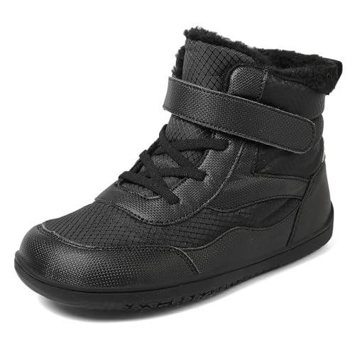 TIAROOTT Kinder Winter Barfußschuhe Warme Gefüttert Schneestiefel mit Klettverschluss Barfußschuhe Winter Kinder Schneestiefel Breiter Zehe Wanderschuhe Leicht Rutschfest Winterstiefel,Schwarz1,Gr.25 von TIAROOTT
