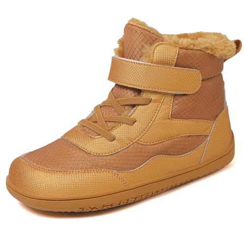 TIAROOTT Kinder Winter Barfußschuhe Warme Gefüttert Schneestiefel mit Klettverschluss Barfußschuhe Winter Kinder Schneestiefel Breiter Zehe Wanderschuhe Leicht Rutschfest Winterstiefel,Braun1,Gr.33 von TIAROOTT