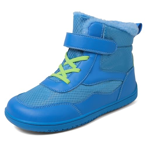 TIAROOTT Kinder Winter Barfußschuhe Warme Gefüttert Schneestiefel mit Klettverschluss Barfußschuhe Winter Kinder Schneestiefel Breiter Zehe Wanderschuhe Leicht Rutschfest Winterstiefel,Blau,Gr.30 von TIAROOTT