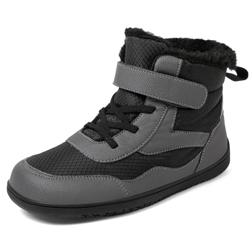 TIAROOTT Kinder Winter Barfußschuhe Warme Gefüttert Schneestiefel mit Klettverschluss Barfußschuhe Winter Kinder Schneestiefel Breiter Zehe Wanderschuhe Leicht Rutschfest Winterstiefel,Grau,Gr.36 von TIAROOTT