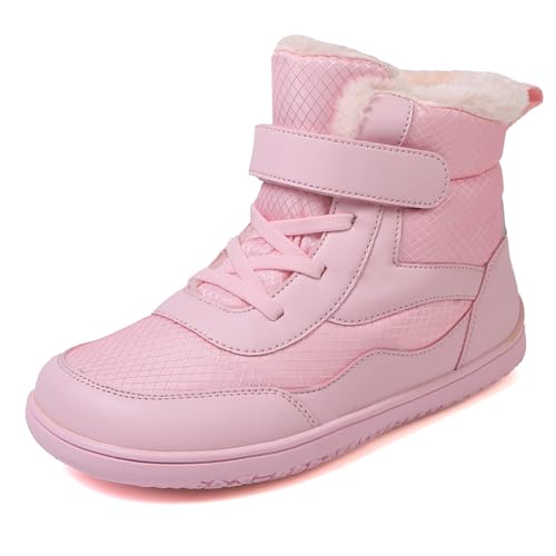 TIAROOTT Kinder Winter Barfußschuhe Warme Gefüttert Schneestiefel mit Klettverschluss Barfußschuhe Winter Kinder Schneestiefel Breiter Zehe Wanderschuhe Leicht Rutschfest Winterstiefel,Rosa1,Gr.33 von TIAROOTT