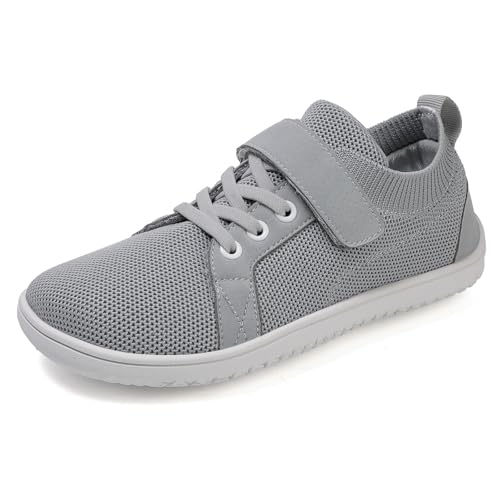 TIAROOTT Unisex Kinder Barfußschuhe Breite Junge Mädchen Minimalistische mit Klettverschluss Laufschuhe für Fitness Traillauf Freizeit Atmungsaktiv Leicht rutschfest Sneaker Komfortable,Grau1,Gr.33 von TIAROOTT