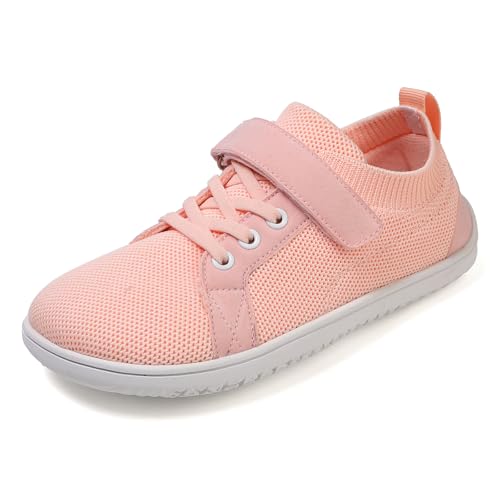 TIAROOTT Unisex Kinder Barfußschuhe Breite Junge Mädchen Minimalistische mit Klettverschluss Laufschuhe für Fitness Traillauf Freizeit Atmungsaktiv Leicht rutschfest Sneaker Komfortable,Rosa1,Gr.35 von TIAROOTT