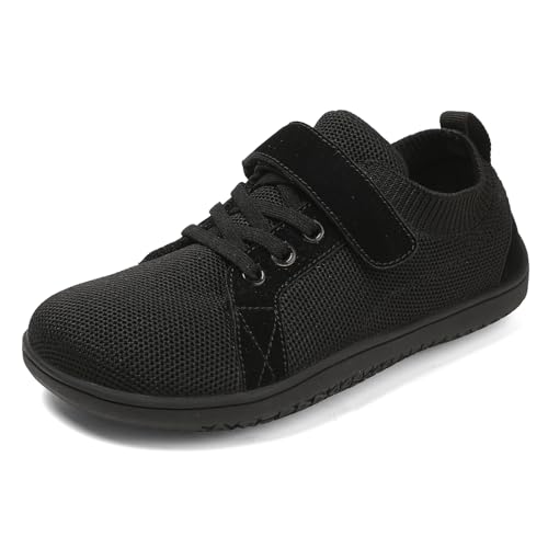 TIAROOTT Unisex Kinder Barfußschuhe Breite Junge Mädchen Minimalistische mit Klettverschluss Laufschuhe für Fitness Traillauf Freizeit Atmungsaktiv Leicht rutschfest Sneaker Komfortable,Schwarz1,Gr.35 von TIAROOTT