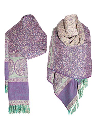 TIBET Paisley-Schal, handgefertigt, reine Yakwolle, doppelseitig, übergroß, Violett / Beige, Lila Beige, One size von TIBET