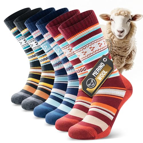 TIBISI Herrensocken, Merinowollsocken, dicke Wandersocken, gepolstert, feuchtigkeitstransportierend, atmungsaktiv, warm im Winter, für Outdoor, Wandern, Sport, weich und bequem, 3 Paar von TIBISI