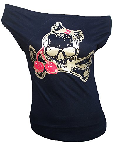 TICILA Damen Designer U-Boot Top Shirt Rockabilly Cherry Skull Kirschen Totenkopf Schwarz XL 44 von TICILA