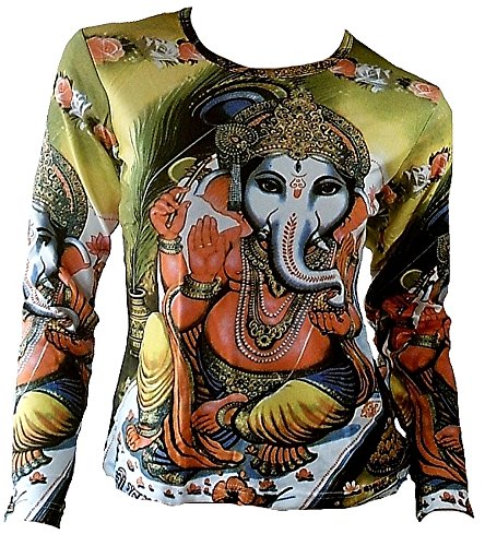 TICILA Damen Langarm T-Shirt Grün Popular Hindu Deity God Lord Ganesh Ganesha Psychodelic Goa Trance Dj Beach Party Kunst Art Religion Star Designer Vintage Tattoo Design S 34/36 von TICILA