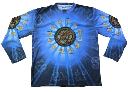 TICILA Herren T-Shirt Blau Langarm Om Aum Mantren Psychodelic Goa Trance Dj Beach Party Kunst Art All Over Print Designer Vintage Tattoo Design L 52/54 von TICILA