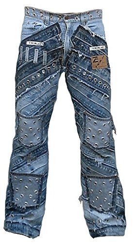TICILA Seven Star Gringo Herren Jeans blau Designer Rock Star Patchwork Loch Nieten Denim W31/L34 von TICILA