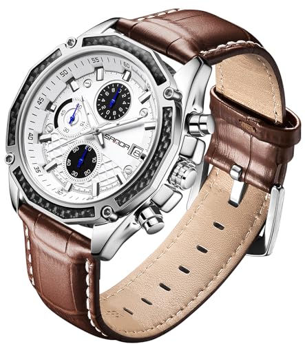 TICKEEN Herrenuhren für Herren analoge Quarz Uhren mit wasserdichtem Chronographen Kalender Lederarmband Edelstahluhr, Klassische stilvolle Mode Sport Casual Business Armbanduhr (Weiß-Braun) von TICKEEN