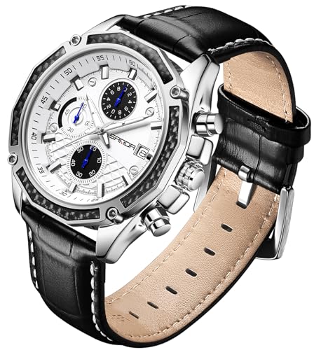 TICKEEN Herrenuhren für Herren analoge Quarz Uhren mit wasserdichtem Chronographen Kalender Lederarmband Edelstahluhr, Klassische stilvolle Mode Sport Casual Business Armbanduhr (Weiß-Schwarz) von TICKEEN