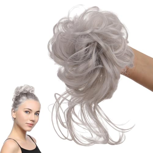 TICKLELY Haarteil Mit Gummiband, Dutt Haarteil Gelockt Haargummi Mit Haaren Hochsteckfrisuren Haarverlängerung Messy Bun Haarteile with Braids, für Damen Mädchen Pferdeschwanz (weißes Haar) von TICKLELY