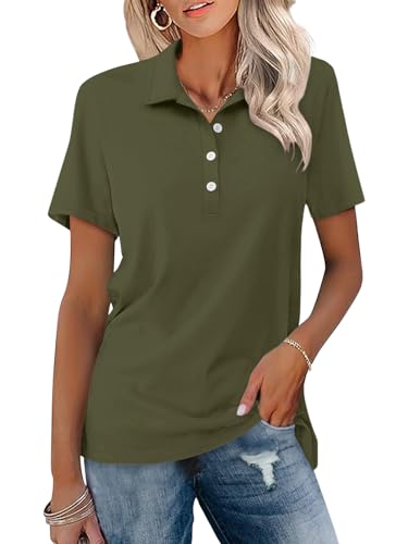TICTICMISS Damen Kurzarm Poloshirts V Ausschnitt Knopf Sommer Tops Business Casual Kragen Shirts, Oliv/Blatt für mich (Leaf It to Me), Groß von TICTICMISS