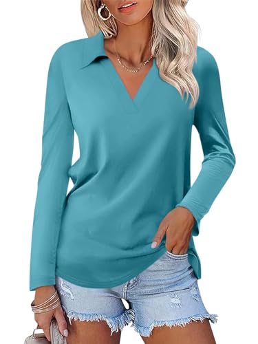 TICTICMISS Damen-Langarm-Shirts, V-Ausschnitt, Tunika, Tops, elegant, lässig, Basic-T-Shirt, Bluse, lockerer Kragen, A-türkis, Mittel von TICTICMISS