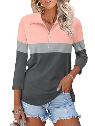 TICTICMISS Damen-Poloshirt mit 3/4-Ärmeln, V-Ausschnitt, Reißverschluss, einfarbig/Farbblock-Kragen, B-peach Pink-Hellgrau-Anthrazit, Mittel TICTICMISS Damen-Poloshirt mit 3/4-Ärmeln, V-Ausschnitt, Reißverschluss, einfarbig/Farbblock-Kragen, B-peach Pink-Hellgrau-Anthrazit, Mittel von TICTICMISS