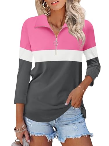 TICTICMISS Damen-Poloshirt mit 3/4-Ärmeln, V-Ausschnitt, Reißverschluss, einfarbig/Farbblock-Kragen, B-hot Pink-Weiß-Anthrazit, Klein von TICTICMISS