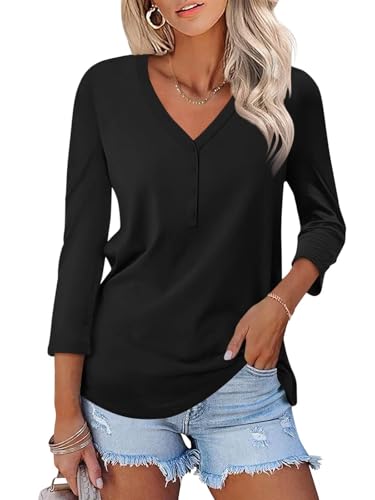 TICTICMISS Damen-T-Shirt, V-Ausschnitt, 3/4-Ärmel, einfarbig, Button-Down-Shirt, lässiger Sommer-T-Shirt, Schwarz, Klein TICTICMISS Damen-T-Shirt, V-Ausschnitt, 3/4-Ärmel, einfarbig, Button-Down-Shirt, lässiger Sommer-T-Shirt, Schwarz, Klein von TICTICMISS