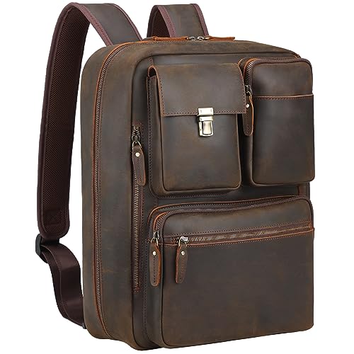 TIDING Leder Laptop Rucksack Cabrio in Aktentasche Business Rucksäcke Messenger Umhängetasche, 15,6 Zoll mit Trolley Strap Crossbody Travel Daypack, Dunkelbraun von TIDING