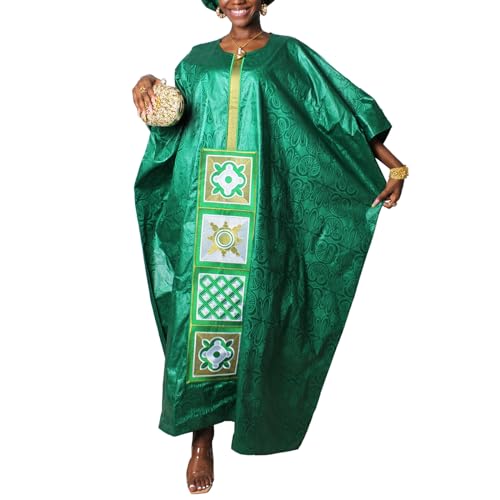TIDOIRSA Afrikanische Kleider für Frauen, Bazin Riche Stickerei Hochzeitskleid Lose Partykleid mit Schal, Grün , Einheitsgröße von TIDOIRSA