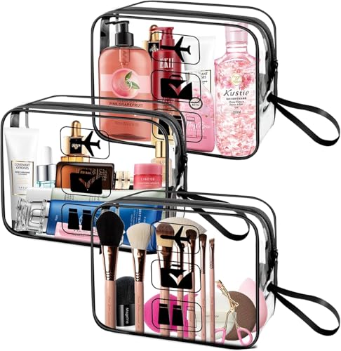 TIECHI 3 Stück Kulturbeutel Transparent, 1 Liter Beutel Flugzeug Handgepäck, PVC Flüssigkeiten Beutel Handgepäck, Kosmetiktasche Wasserdicht Damen & Herren (Schwarz mit Griff) von TIECHI