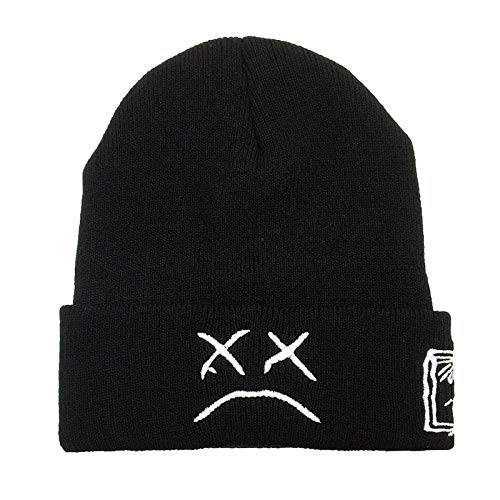 TIEDAN Winter Lil Peep Bestickte Strickmütze Trauriges Gesicht Lustige Herren Damen Beanie Mütze eine Größe-schwarz_Einheitsgröße von TIEDAN