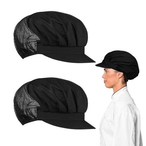 TIEOME 2 Stück Kochmütze Damen, Elastisch Kochen Hut Mesh atmungsaktiv Staubmütze Arbeitshut Industrie Werkstatt Hut Kappe für Küche Bäckerhaarnetz Catering Service(Schwarz) von TIESOME