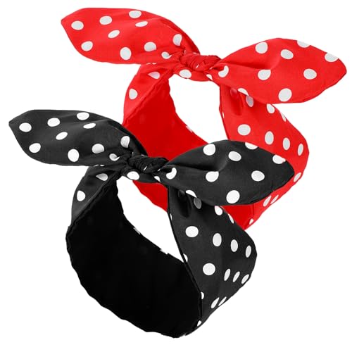 TIESOME 2 Stück Polka Rundes Haarband mit Metalldraht, Haarband Rockabilly Kopfband Vintage Haarreif Schwarz Rot Schleife Knoten Haarreif für Mädchen 50er 90er Jahre Deko Accessoires Damen von TIESOME