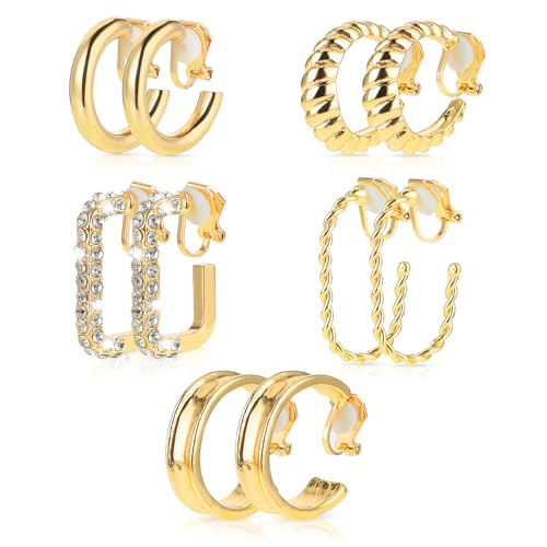 TIESOME 5 Paar Gold Ohrclips für Damen, Kein Ohrlöcher Vergoldet Clip Ohrringe Gold Chunky Creolen Set Twist Knot Clip on Ohrringe Fake Ohrringe Set Modeschmuck Geschenk Hypoallergen (Stil 2) von TIESOME