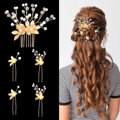 TIESOME 5 Stück Haarspange Blume, Haarnadeln Brauthochzeitn Haarschmuck Hochzeit Gold Blattgold Kristallperlen Haarnadeln Blumenkopfschmuck Vintage Haarspangen Für Bräute Brautjungfern Und Frauen von TIESOME