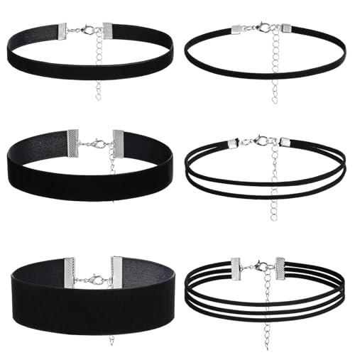 TIESOME 6 Stück Schwarzes Choker Set Für Damen, Schwarzes Samt Set Mehrlagige Klassische Choker Halskette Verstellbare Schwarze Gothic Halskette Für Damen Tanzen Halloween Geburtstagsparty von TIESOME