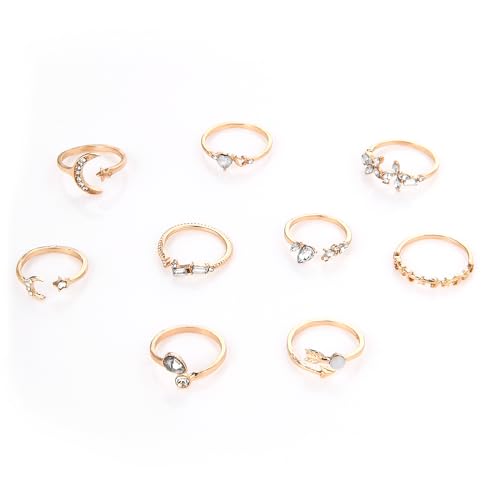 TIESOME 9 Stück Vintage Gold Knuckle Ringe Set,Boho Midi Ringe für Frauen Stern und Mondring mit Strasssteinen Stapelring Vintage Midi Ringe für Damen Herren Mädchen von TIESOME