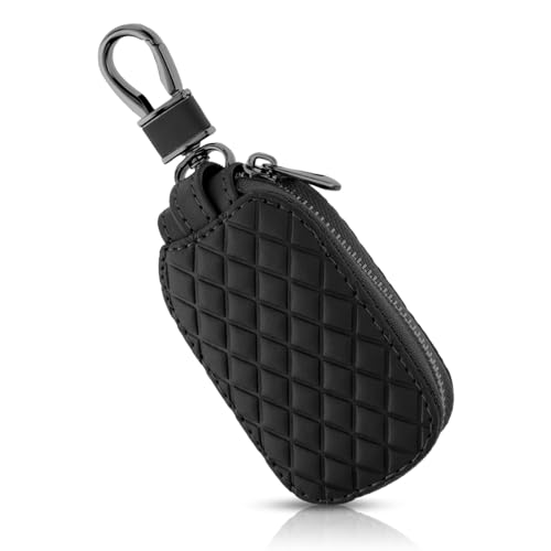 TIESOME Autoschlüsseletui aus echtem Leder, universelle Auto Schlüsselanhänger Abdeckung kratzfest wasserdicht Fahrzeug Schlüsselanhänger Reißverschlusstasche mit Schlüsselanhänger(Schwarz) von TIESOME