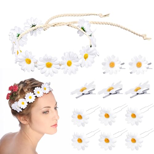 TIESOME Blumen Haarband, Damen Sonnenblumen Stirnband, Blume Haar Kranz Braut Kopfschmuck Haarband (1pc Gänseblümchen-Stirnband 5pcs Haarnadeln 6pcs Haargabeln) für Hochzeit Geburtstag Party (weiß) von TIESOME